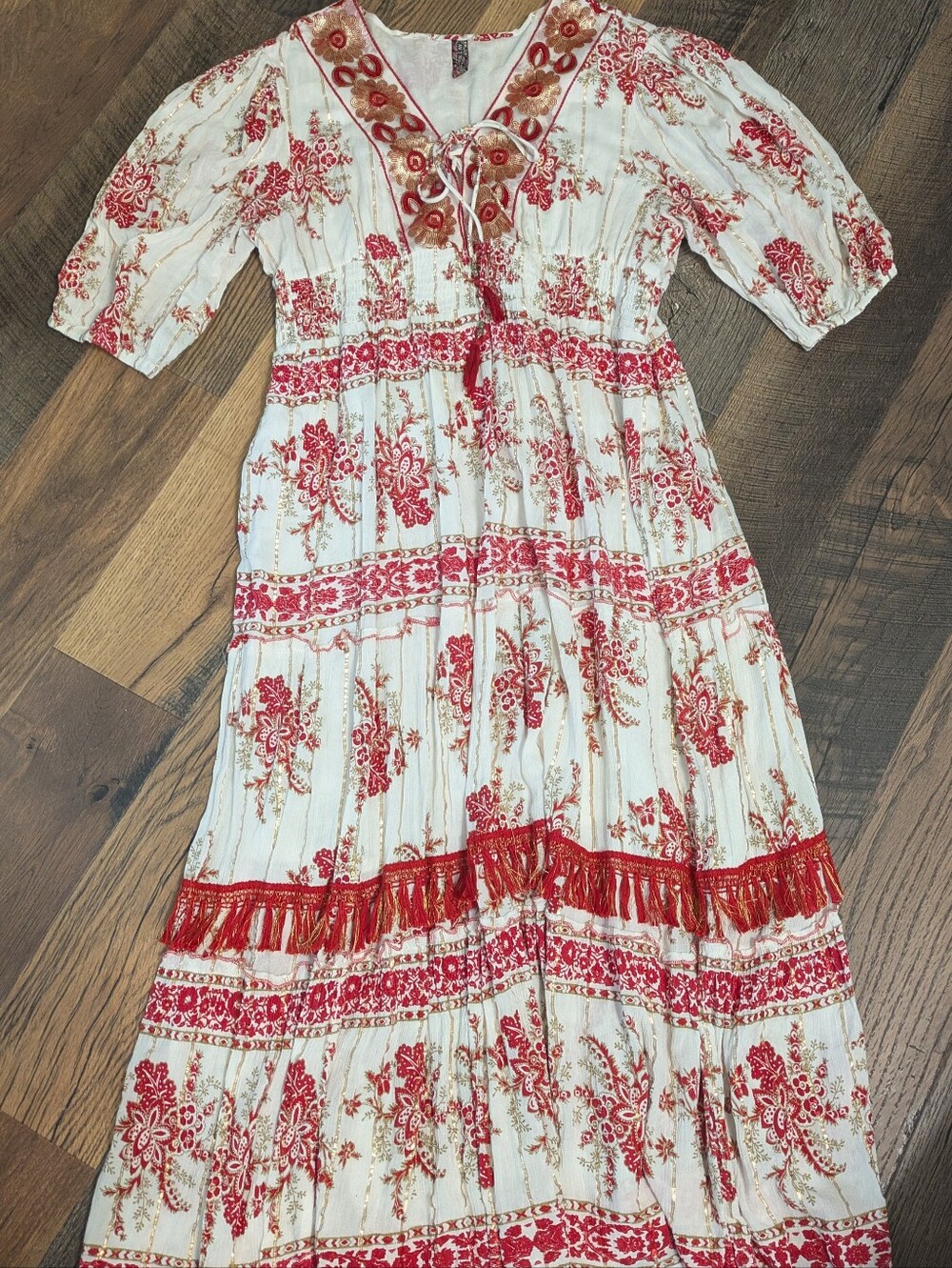 Me 2 Magic Dress 3X Plus Boho Maxi Sequin Embroidered Gold Lurex Tassel Smocked